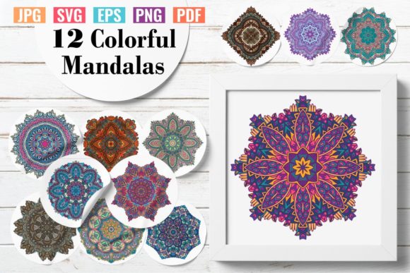 12 Colorful Mandalas: A Vibrant Graphics and Illustrations Asset