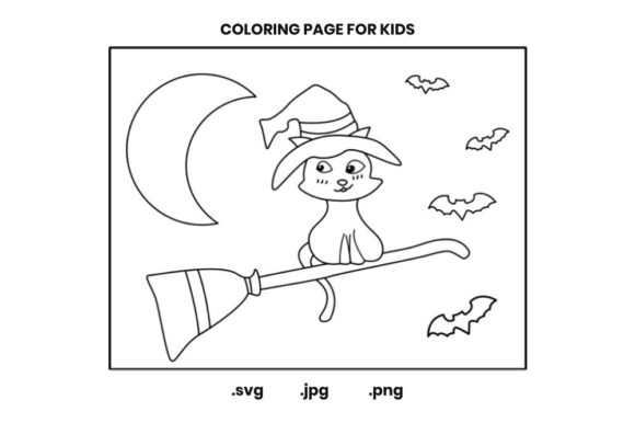 Adorable Cute Cat Flying on a Broom Graphics for Coloring Pages Amp
